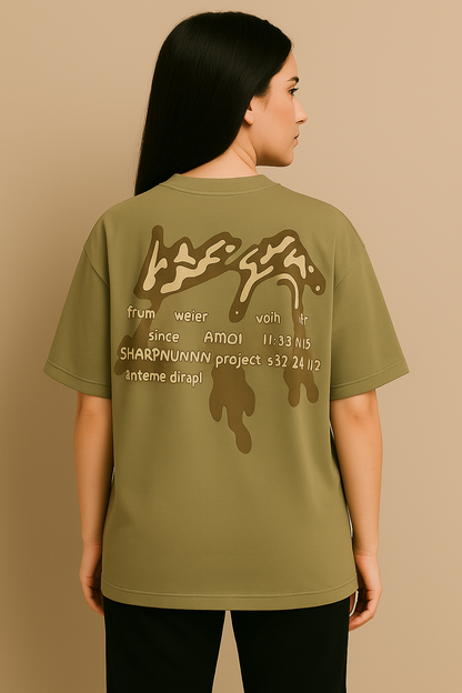 VUOTO Olive Green Drip Embossed T-Shirt – Oversized Fit | Artistic Streetwear Style