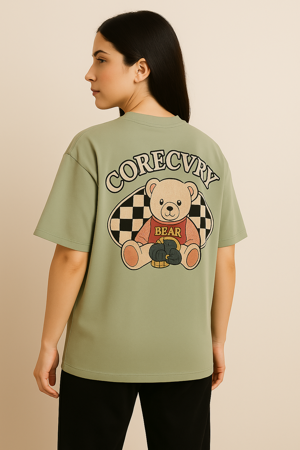 VUOTO Sage Green Bear Graphic T-Shirt – Embossed Front Logo | Oversized Streetwear Fit