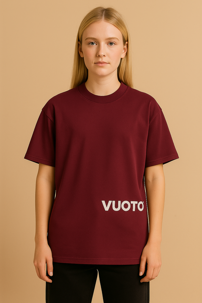 VUOTO Maroon Dual Logo T-Shirt – Minimal Front & Brushstroke Back Print | Oversized Fit