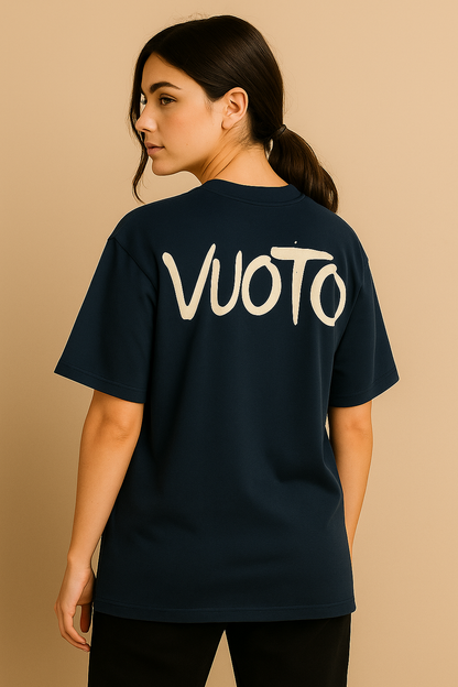 VUOTO Navy Blue Dual Logo T-Shirt – Clean Embossed Front & Brush Back Print | Oversized Fit