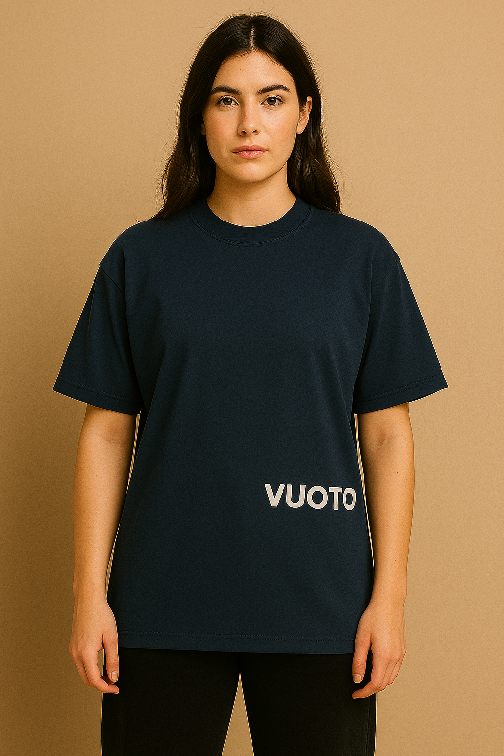 VUOTO Navy Blue Dual Logo T-Shirt – Clean Embossed Front & Brush Back Print | Oversized Fit
