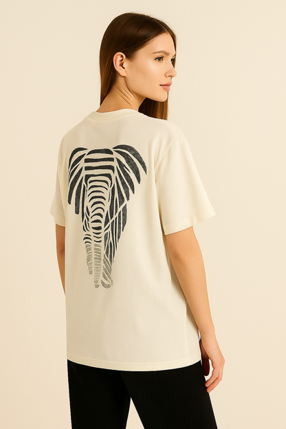 VUOTO Off-White Elephant Graphic T-Shirt – Zebra Text Logo & Back Art | Oversized Fit