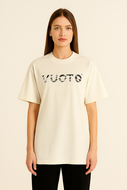 VUOTO Off-White Elephant Graphic T-Shirt – Zebra Text Logo & Back Art | Oversized Fit