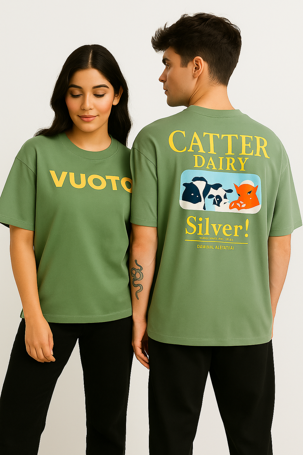 VUOTO Green Oversized T-Shirt – Catter Dairy Silver Back Graphic | Playful Retro Streetwear