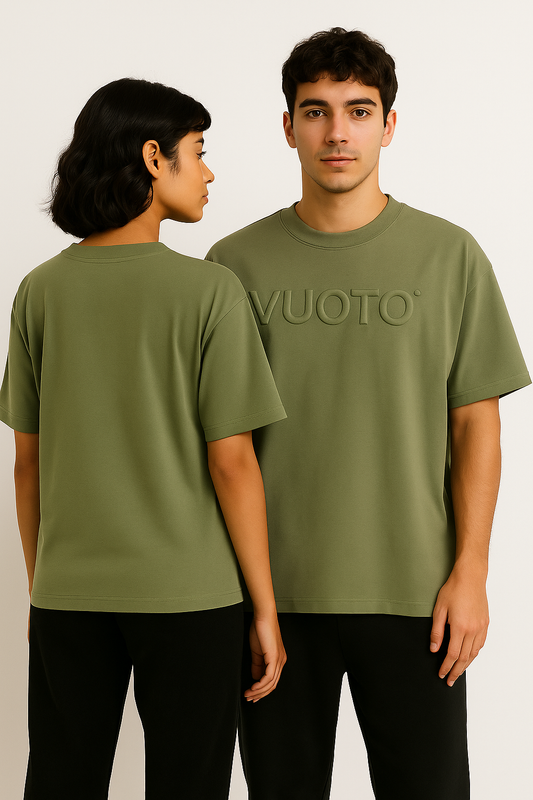VUOTO Olive Green Embossed Logo T-Shirt – Oversized Minimalist Streetwear Essential