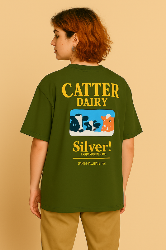 VUOTO Green Oversized T-Shirt – Catter Dairy Graphic Back | Bold Retro Streetwear Tee