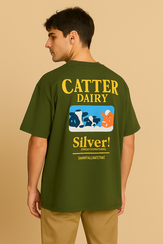 VUOTO Green Oversized T-Shirt – Catter Dairy Graphic Back | Bold Retro Streetwear Tee
