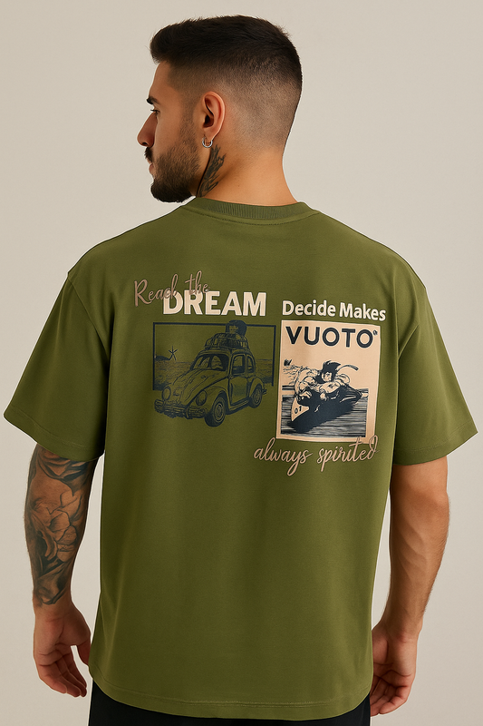 VUOTO Olive Green Oversized T-Shirt – Always Spirited Graphic Back | Retro Biker-Inspired Tee