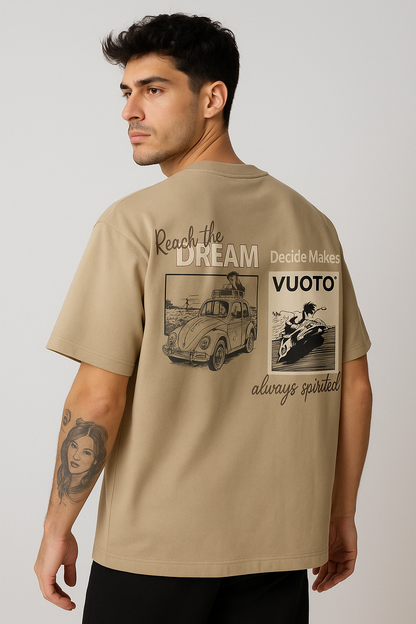 VUOTO Beige Oversized T-Shirt – Reach the Dream Graphic Back | Retro-Inspired Streetwear