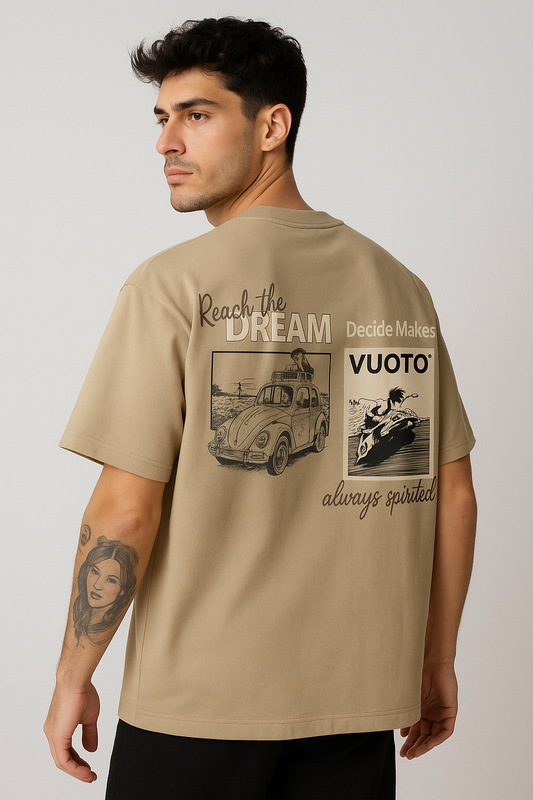 VUOTO Beige Oversized T-Shirt – Reach the Dream Graphic Back | Retro-Inspired Streetwear