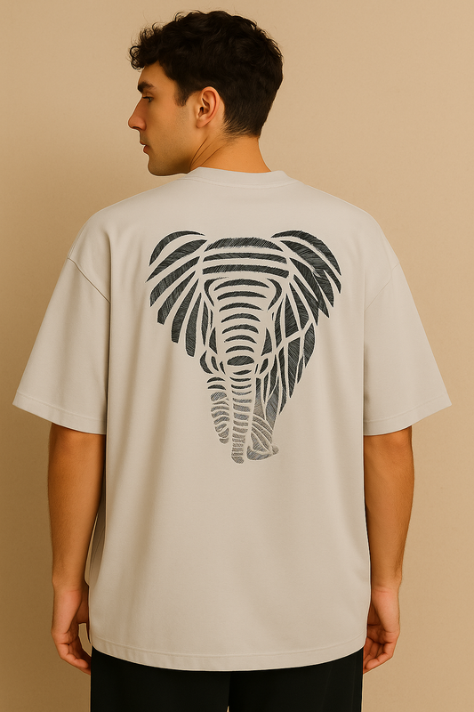 VUOTO Light Grey Oversized T-Shirt – Elephant Leaf Line Back Graphic | Nature-Inspired Streetwear
