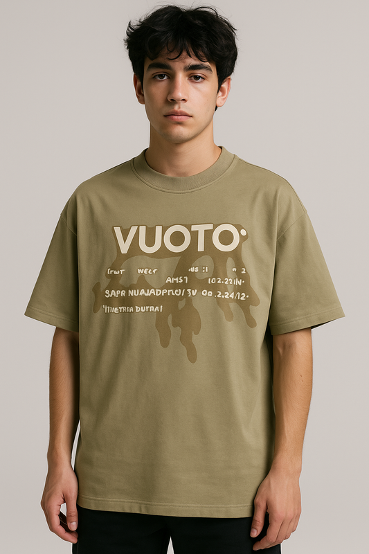VUOTO Olive Green Drip Embossed T-Shirt – Oversized Fit | Artistic Streetwear Style