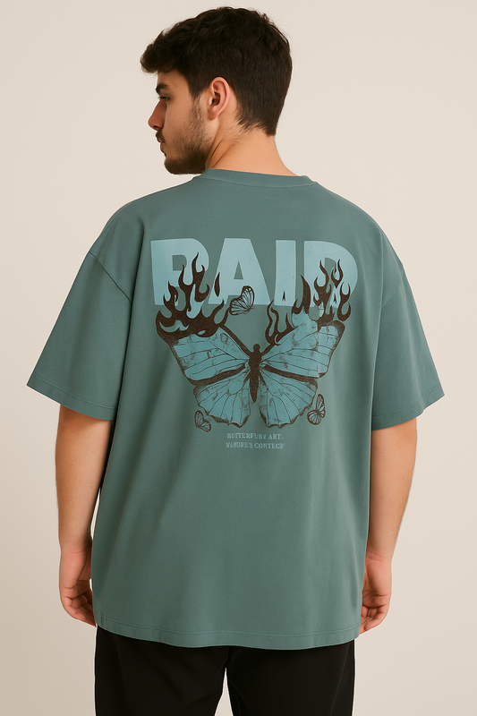 VUOTO Green Graphic T-Shirt – RAID Flame Butterfly Back Print | Oversized Streetwear Tee