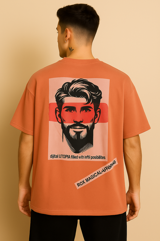 VUOTO Rust Orange Oversized T-Shirt – Utopia Graphic Back | Artistic Streetwear Drop