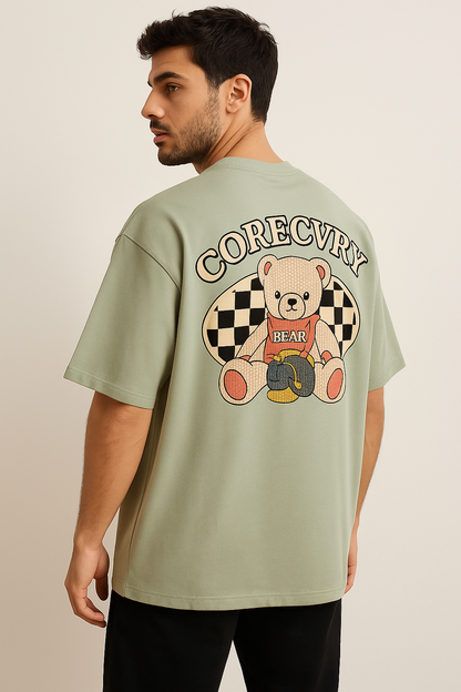 VUOTO Sage Green Bear Graphic T-Shirt – Embossed Front Logo | Oversized Streetwear Fit
