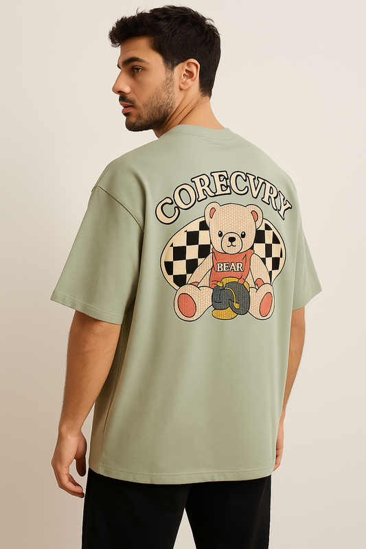 VUOTO Sage Green Bear Graphic T-Shirt – Embossed Front Logo | Oversized Streetwear Fit