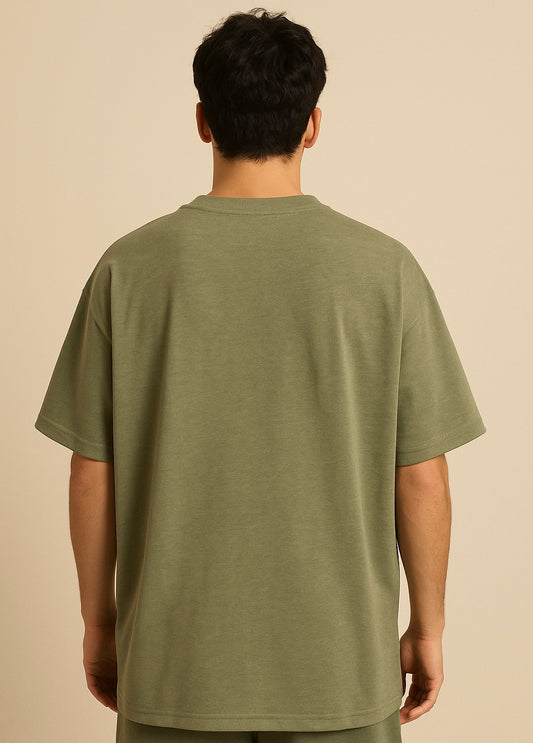 VUOTO Olive Green Embossed Logo T-Shirt – Oversized Minimalist Streetwear Essential