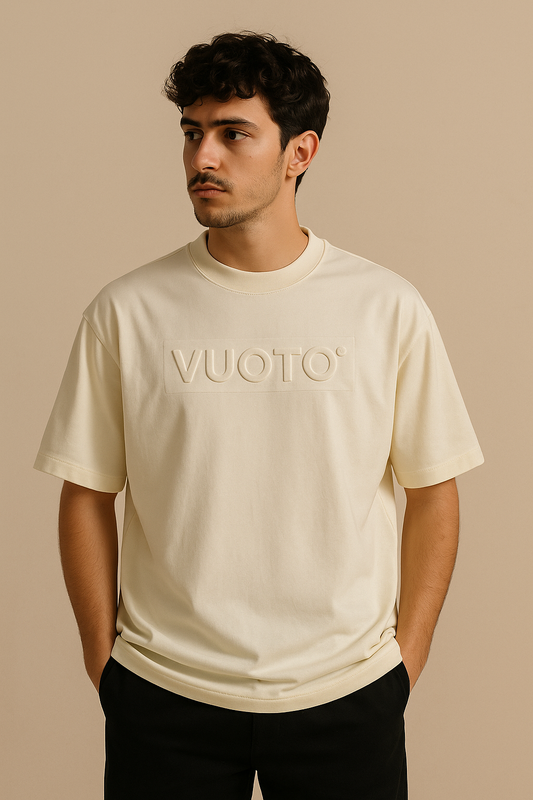 VUOTO Cream Embossed Logo T-Shirt – Minimal Oversized Streetwear Tee