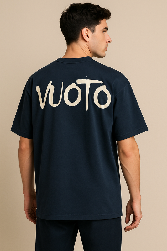 VUOTO Navy Blue Dual Logo T-Shirt – Clean Embossed Front & Brush Back Print | Oversized Fit