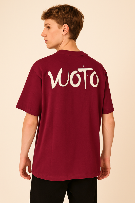 VUOTO Maroon Dual Logo T-Shirt – Minimal Front & Brushstroke Back Print | Oversized Fit