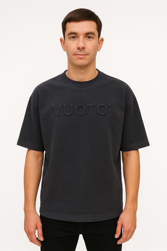 VUOTO Charcoal Black Embossed Logo T-Shirt – Minimal Premium Oversized Fit