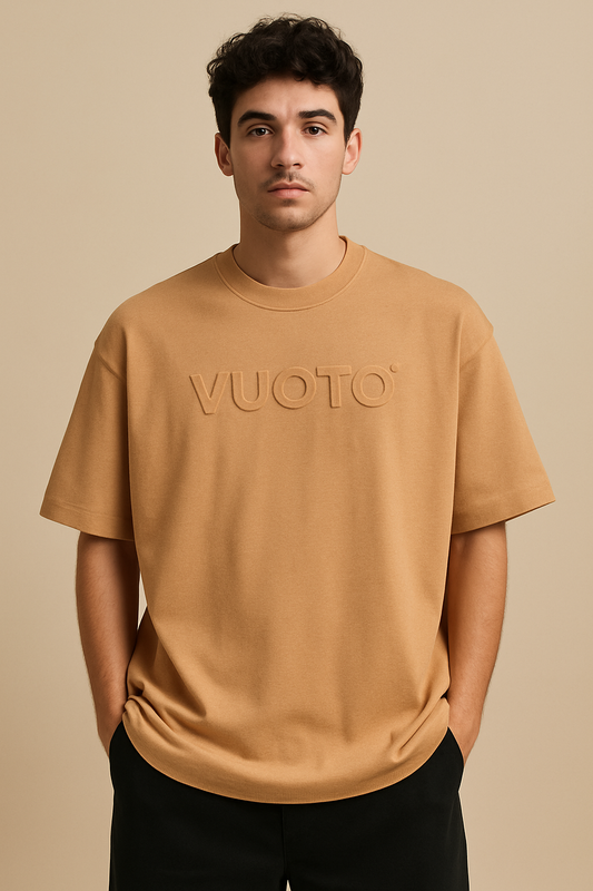 VUOTO Camel Brown Embossed Logo T-Shirt – Premium Oversized Fit | Minimal Streetwear Style