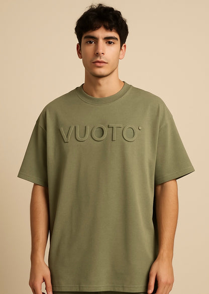 VUOTO Olive Green Embossed Logo T-Shirt – Oversized Minimalist Streetwear Essential