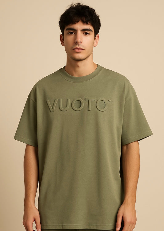 VUOTO Olive Green Embossed Logo T-Shirt – Oversized Minimalist Streetwear Essential