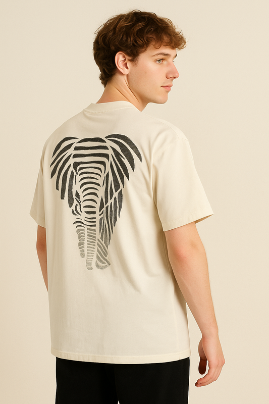VUOTO Off-White Elephant Graphic T-Shirt – Zebra Text Logo & Back Art | Oversized Fit
