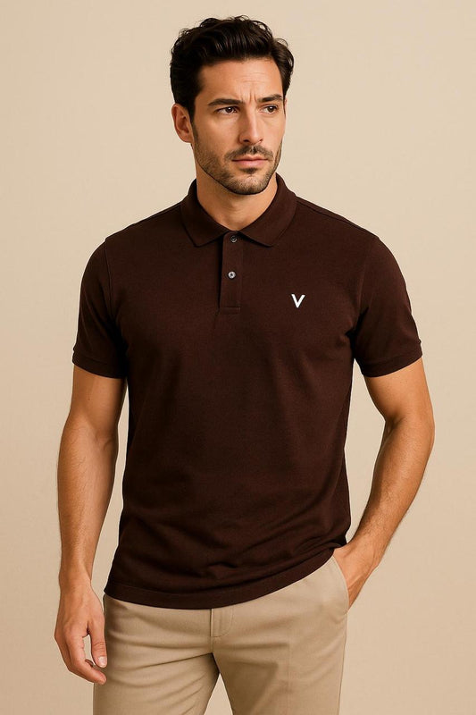 VUOTO Men's Dark Brown Polo T-Shirt – Premium Cotton | Timeless Slim Fit Classic